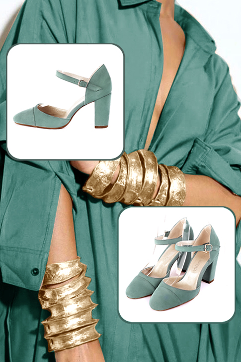 Women's mint green elegant closed-back heels, with an instep strap. Round toe. High block heels - Worn view
